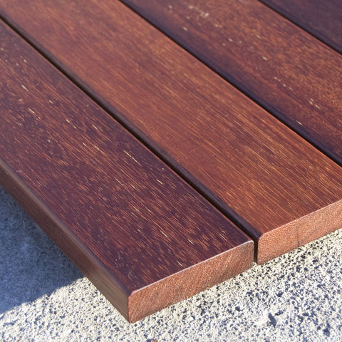 High-quality Hardwood Decking boards neatly arranged, showcasing natural wood grain and durability.