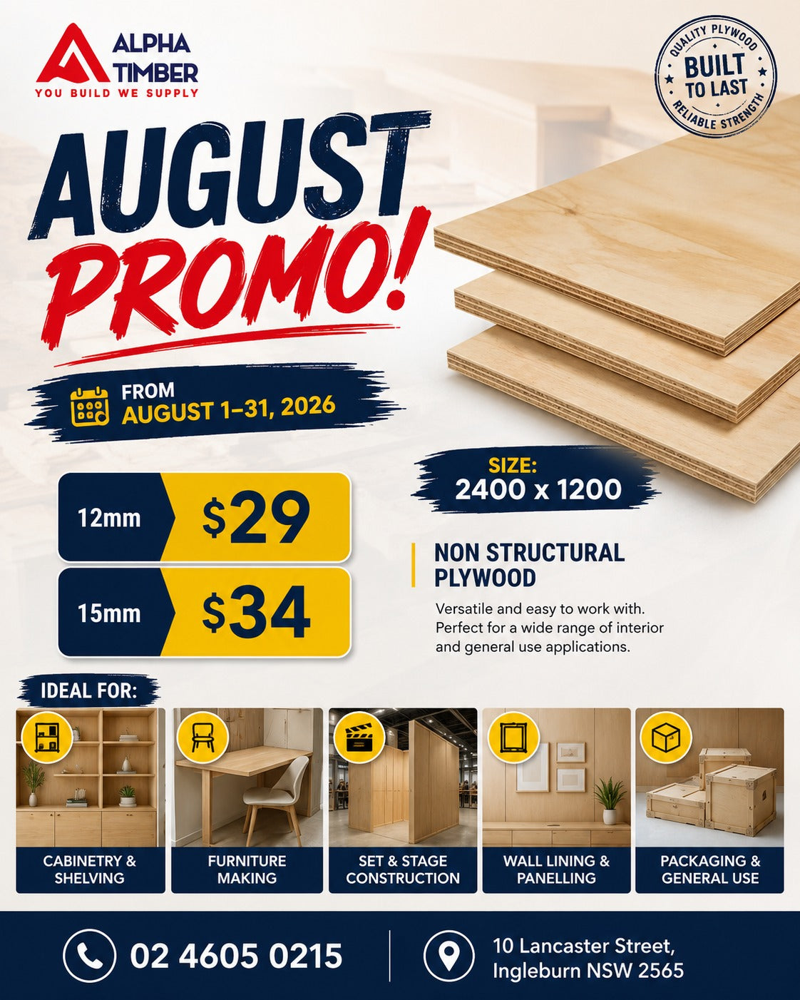 Non-structural plywood sheets Sydney - Alpha Timber 2400x1200mm plywood, 12mm $29 and 15mm $34, ideal for cabinetry, furniture making, wall lining and packaging. Quality plywood supplier.