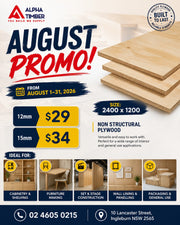 Non-structural plywood sheets Sydney - Alpha Timber 2400x1200mm plywood, 12mm $29 and 15mm $34, ideal for cabinetry, furniture making, wall lining and packaging. Quality plywood supplier.