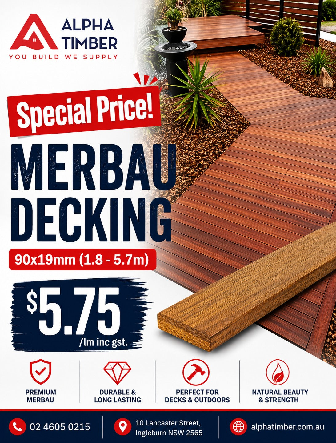 Merbau decking Sydney - Alpha Timber premium 90x19mm hardwood decking boards, special price $5.75/lm, durable timber supplier for outdoor decks and landscaping.