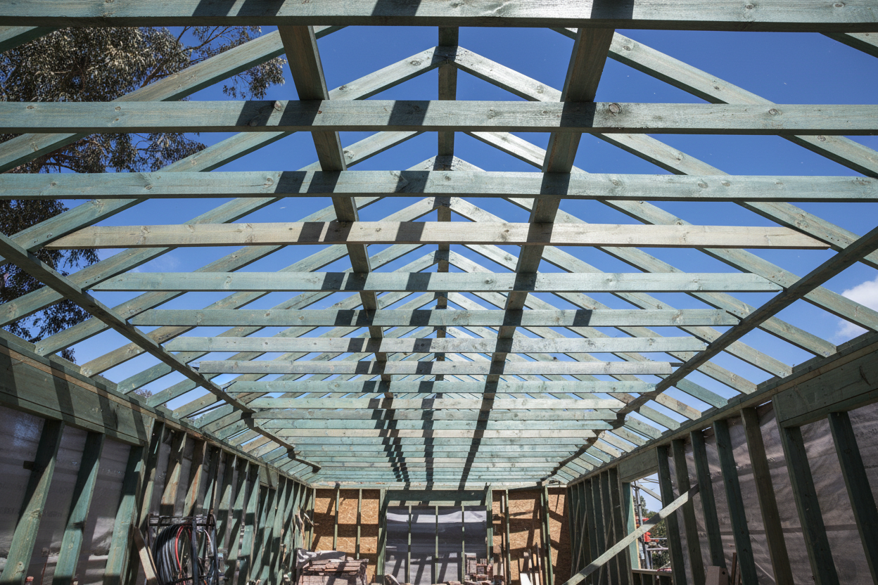 a close up photo of a construction site framing timber with used the blue pine, and interior view, a POV of a house building in sydney with someone who is looking at the raming of the house  standing from inside and looking up at roof