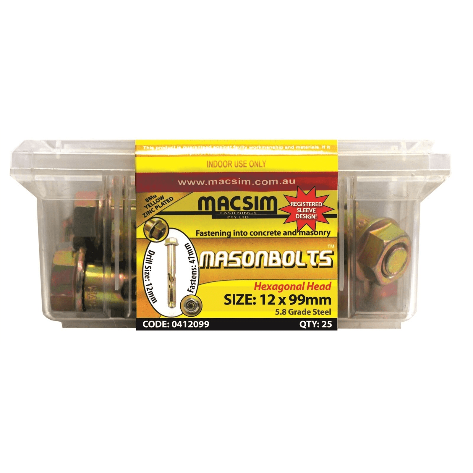 12x99mm galvanized hex masonbolt, box of 25, for sturdy fastening.