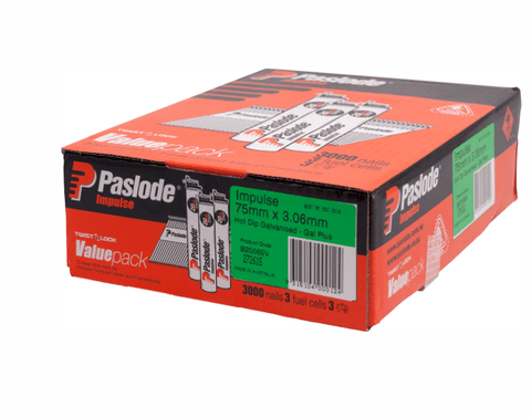 Paslode 75x3.06mm bright head nails, bulk pack of 3000 for framing.