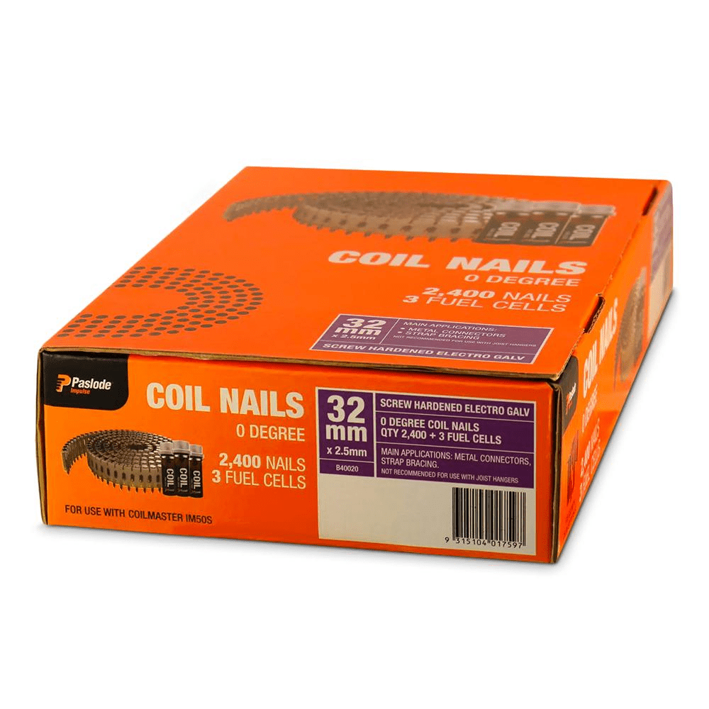 32x2.5mm SHEG coil nails, 2400 count, for bracing and strapping.